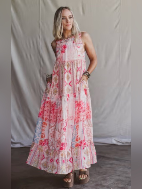 DAVI & DANI Dresses & Skirts - DAVI & DANI Pink Gold Blue Bohemian Printed Tiered Sleeveless Maxi Dress Sz Sm